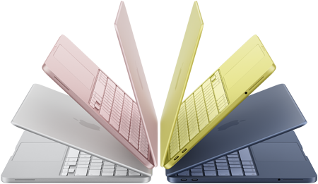 Pootevřené notebooky MacBook Neo ve stříbrné, ruměné, citrusově žluté a indigu, svým uspořádáním vytvářejí oblouk